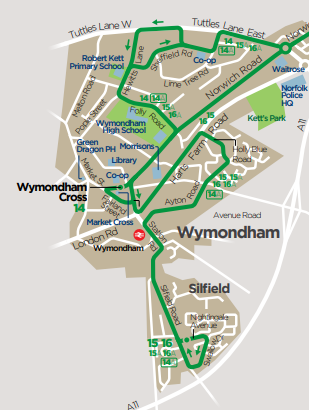 A map of the new bus route alongside existing ones in Wymondham and Silfield