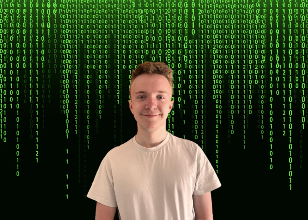 Freddy Lowe with a matrix-style background
