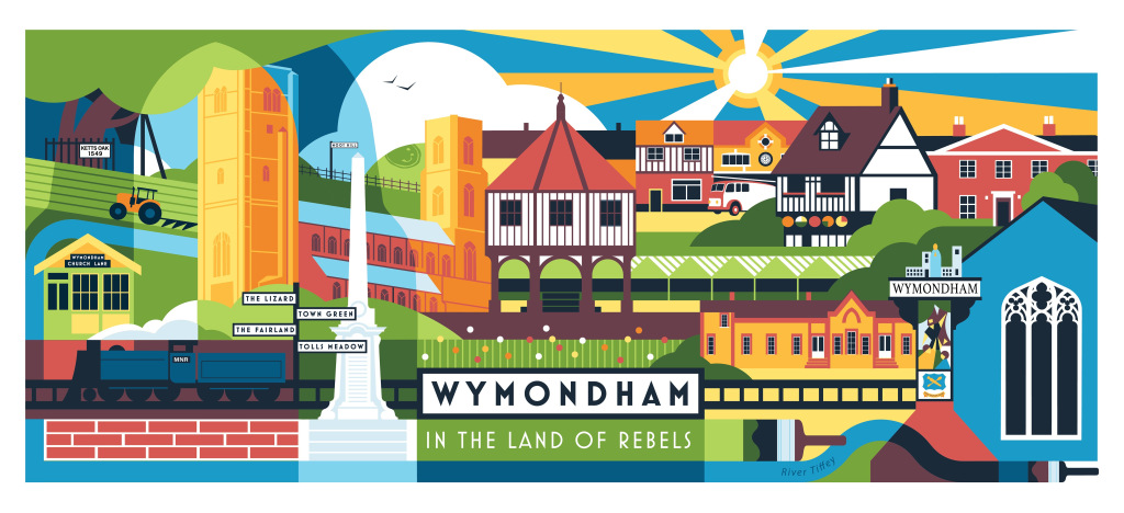 A cartoon tapestry of a town, captioned, 'Wymondham in the land of rebels'