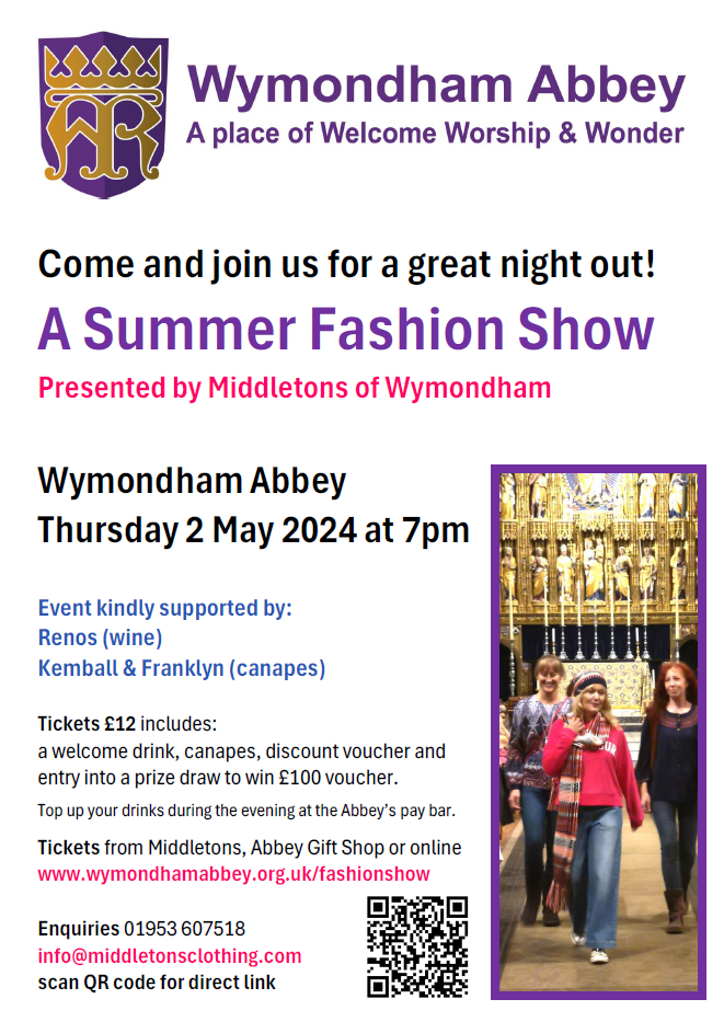 Poster advertising summer fashion show at wymondham abbey