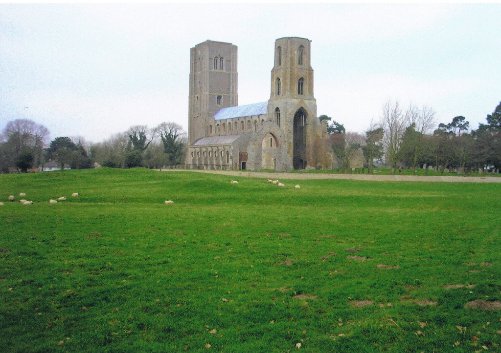 Wymondham Abbey with a meadow in the foreground