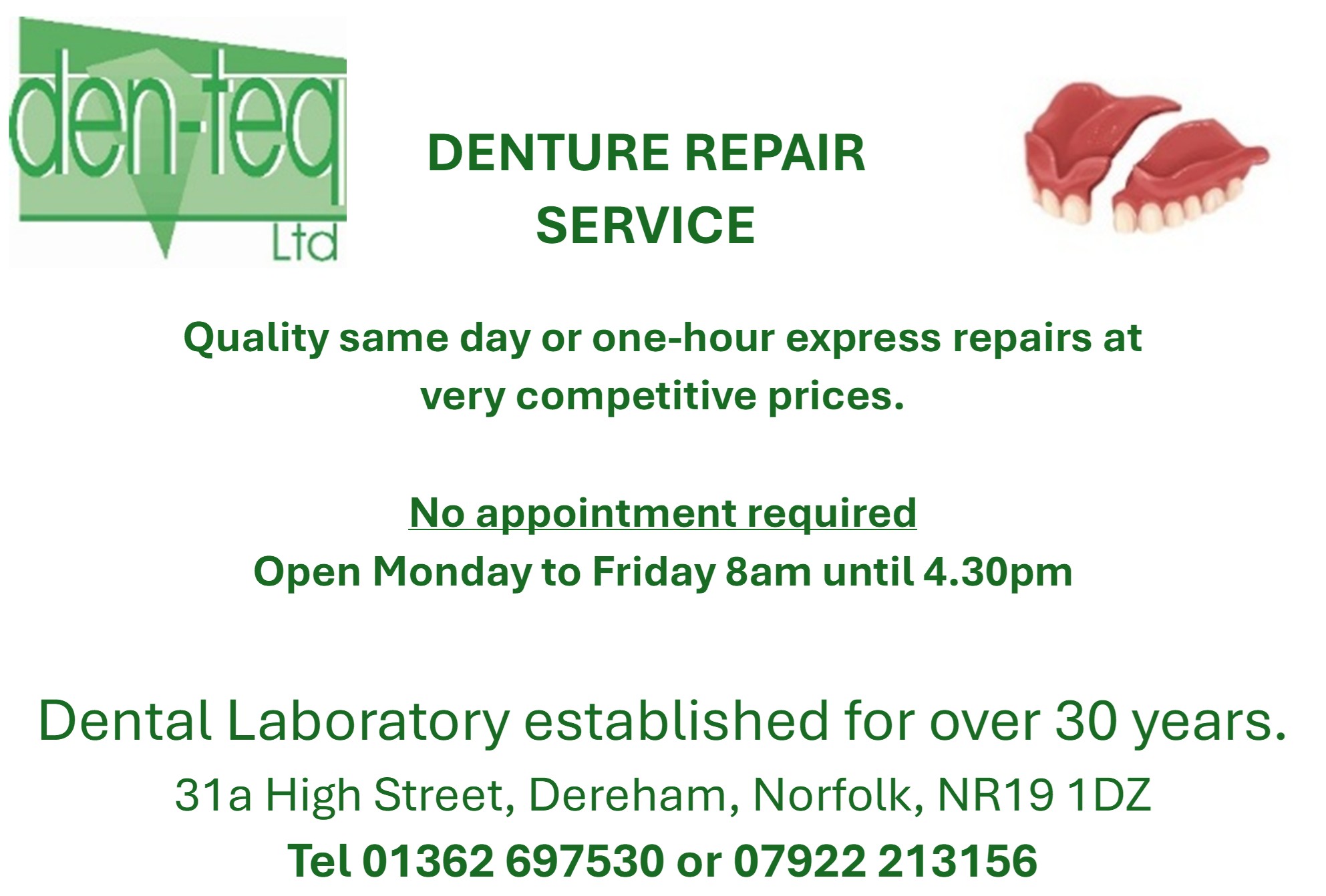 Den-teq denture repairs advert