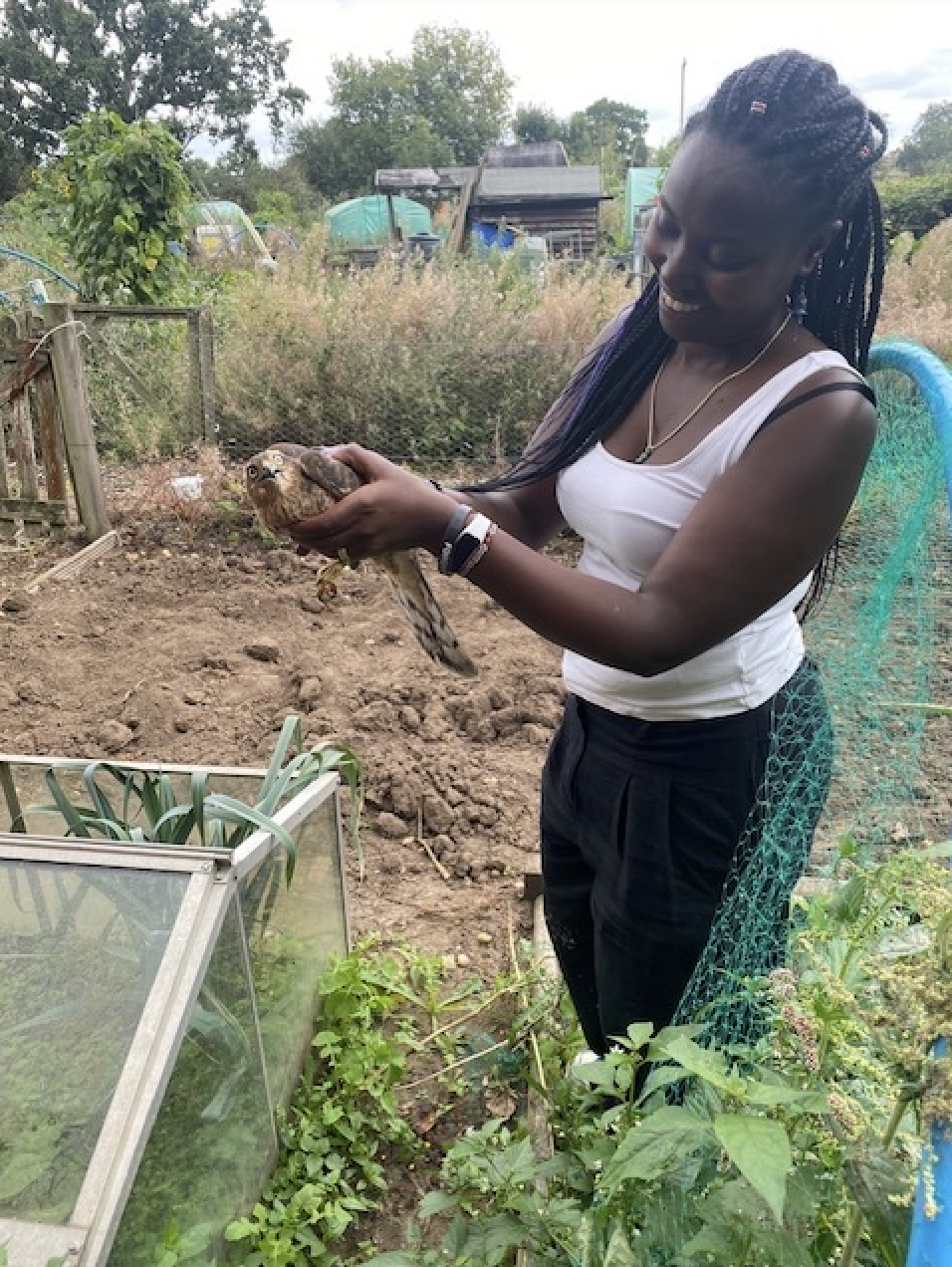 Woman holding a bird in an allotment