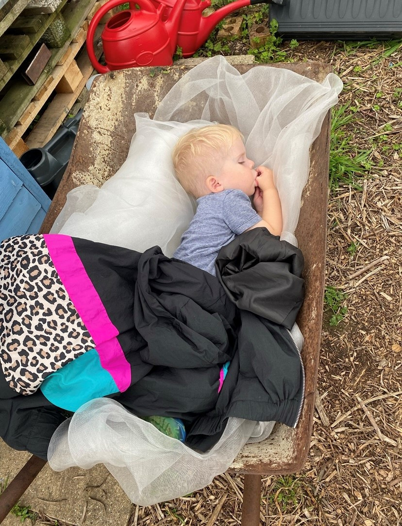 Child sleeping in wheelbarrow