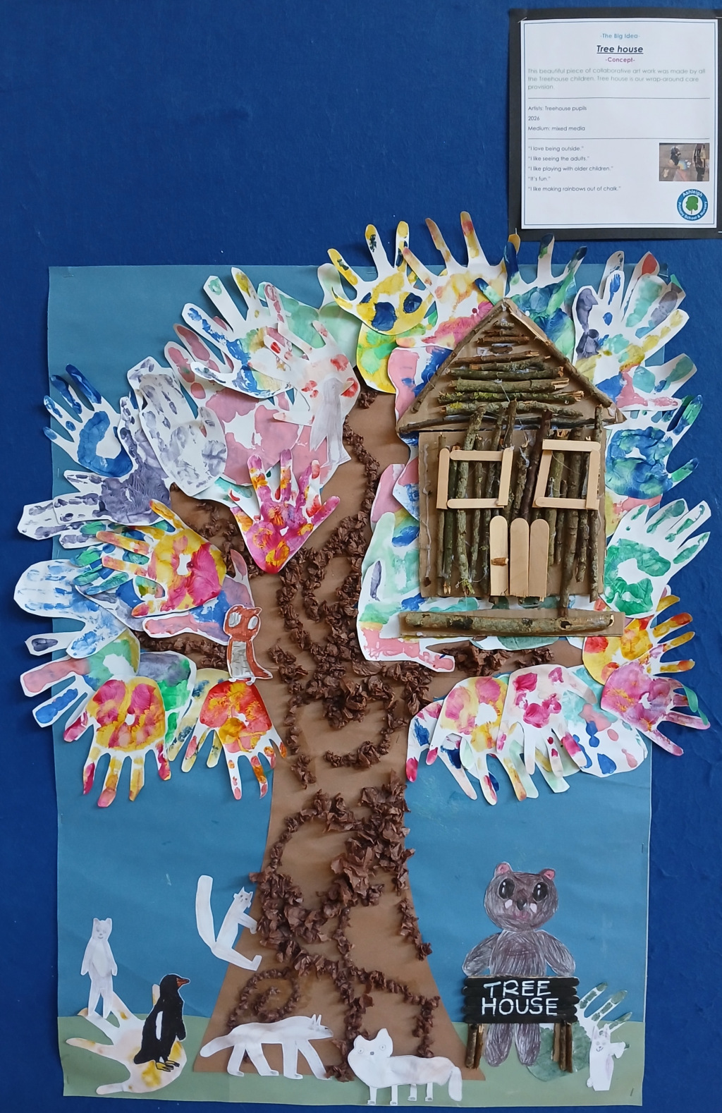 A handmade art collage of a house sitting in a tree