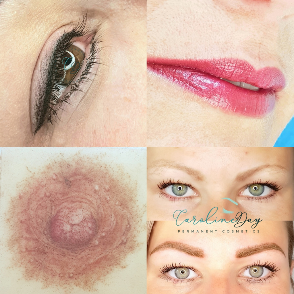 Permanent makeup collage with eyes, lips and areola