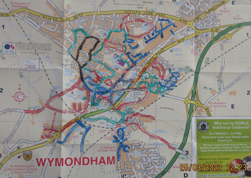Map of Wymondham with road that the litter pickers visited highlighted