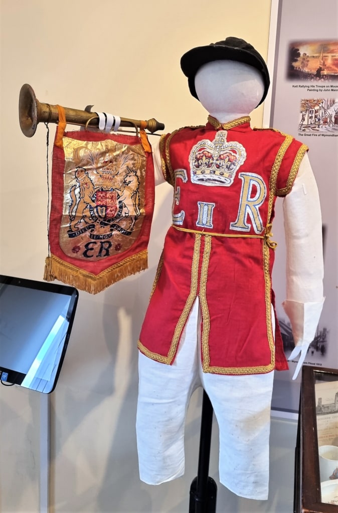 The beefeater outfit that David Brackenbury wore to the coronation procession on display at museum