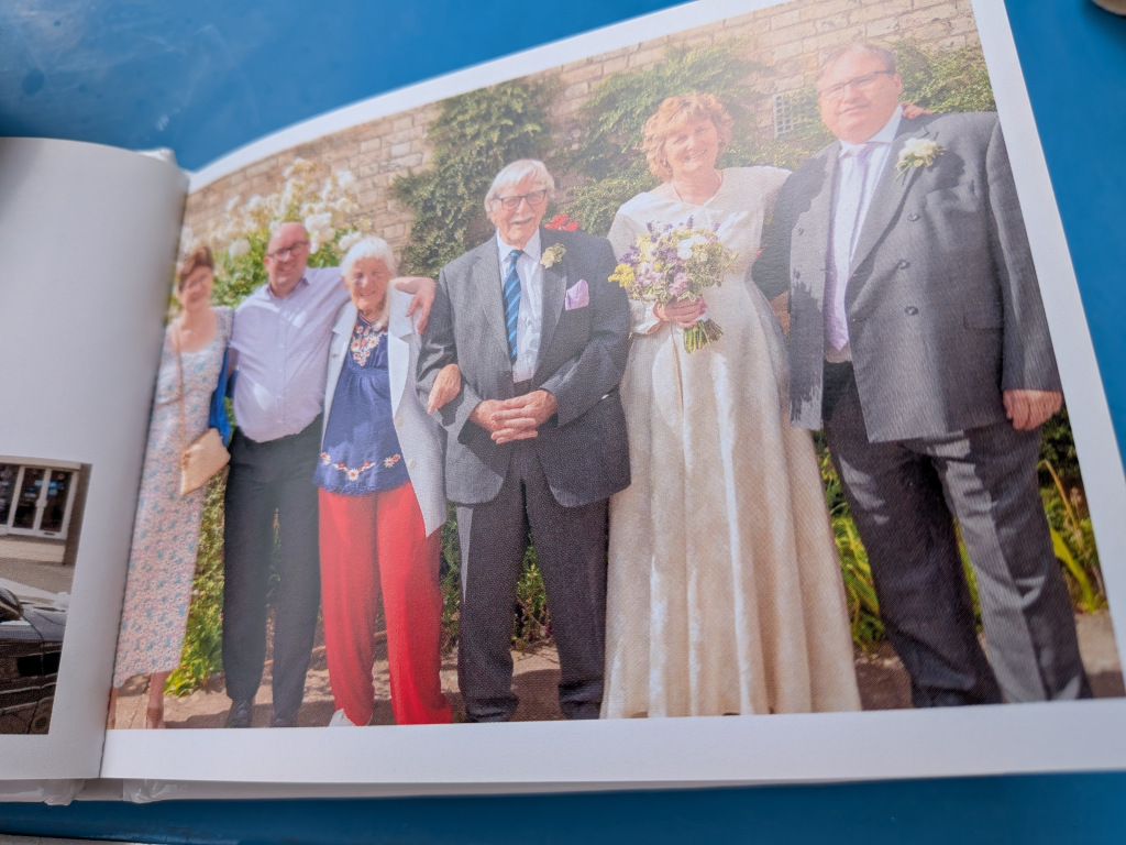 People in wedding clothes lined up for a photo