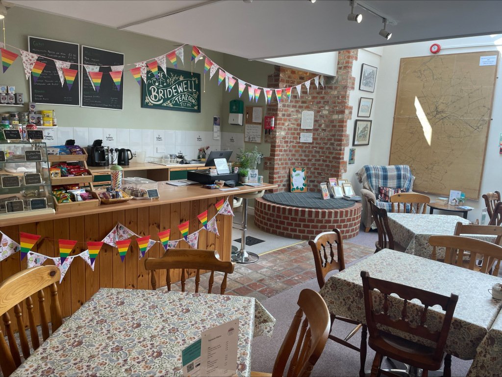 A kitchen decorated with flags