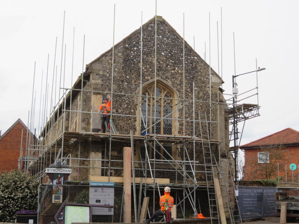 Scaffolding and workers around Becket's Chapel