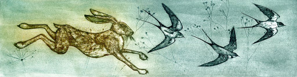 A print of a hare running alongside birds flying