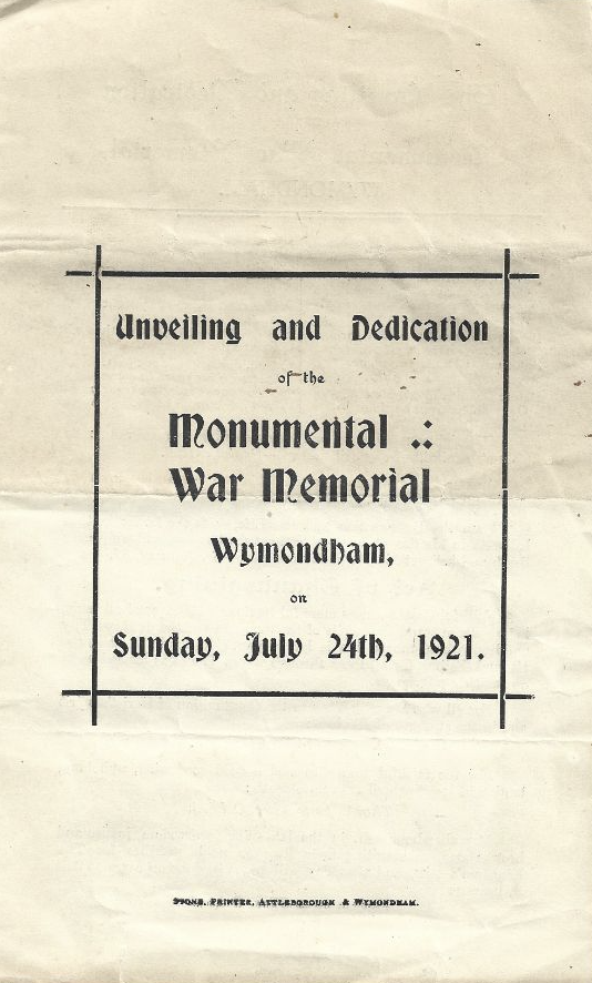 The certificate for the unveiling of the Wymondham War Memorial, 1921