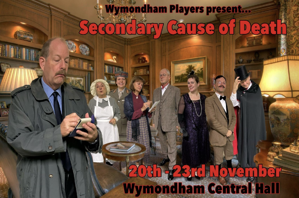 Flyer showing a detective and multiple suspects standing in a library, advertising the theatre show 