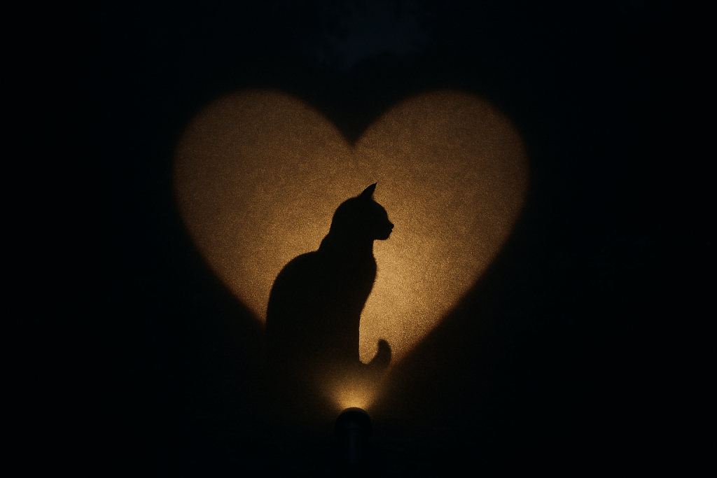 A cat in torchlight in the shape of a heart