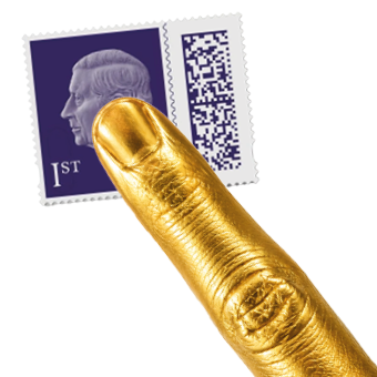 A gold finger putting on a stamp
