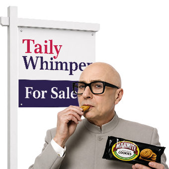 Blofeld with glasses eating Marmite cookies