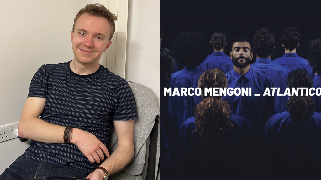 A man (the writer) on one side; an image of Mengoni promoting his album 'Atlantico' on the other