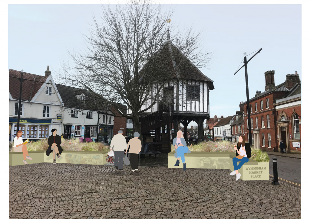 A town centre with drawn-in extra seating