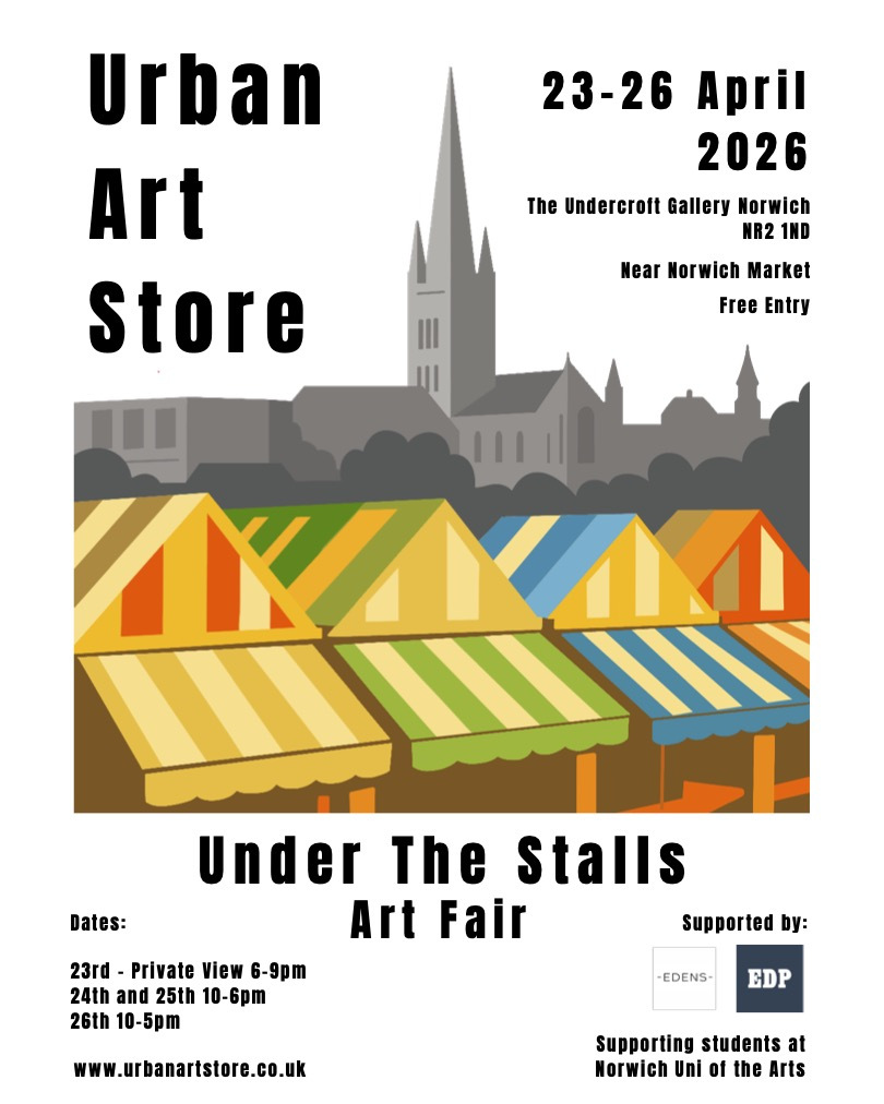 Flyer advertising an Under Stalls Art Fair, with an illustration of a cathedral with the words 'Urba