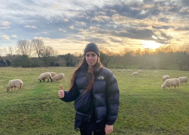 Young lady gives thumbs up standing in field of sheep