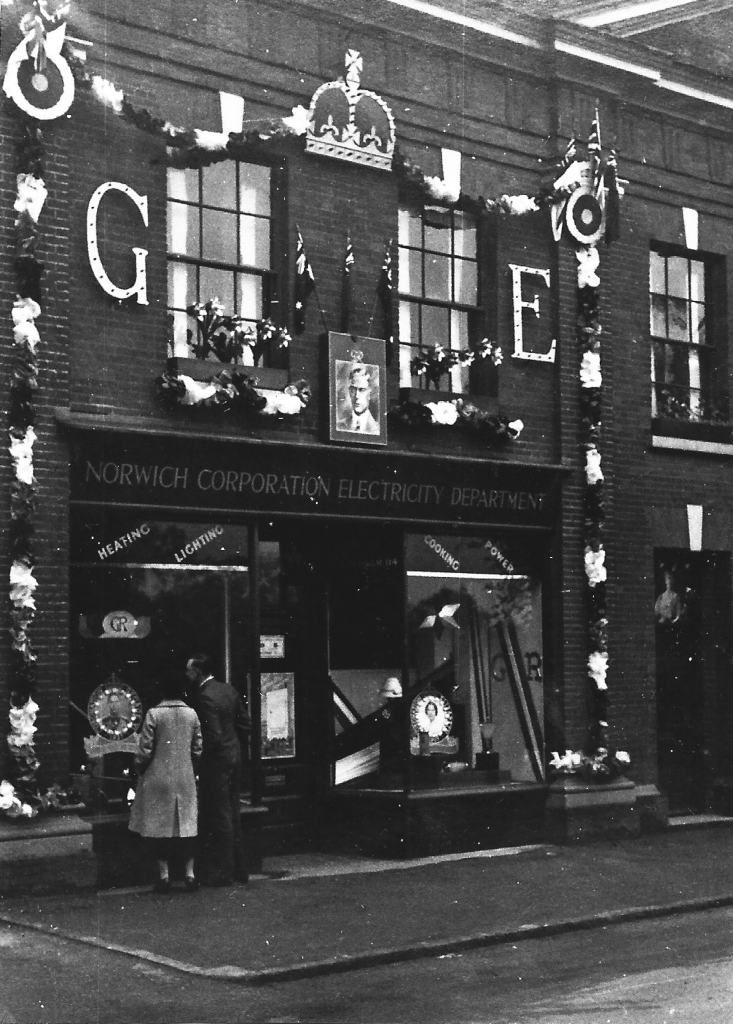 The Norwich Corporation Electricity Department storefront decorated for the king's coronation