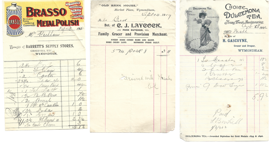 Three old handwritten shop invoices