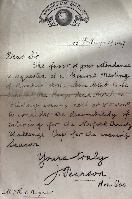 Letter from J. Pearson, club secretary