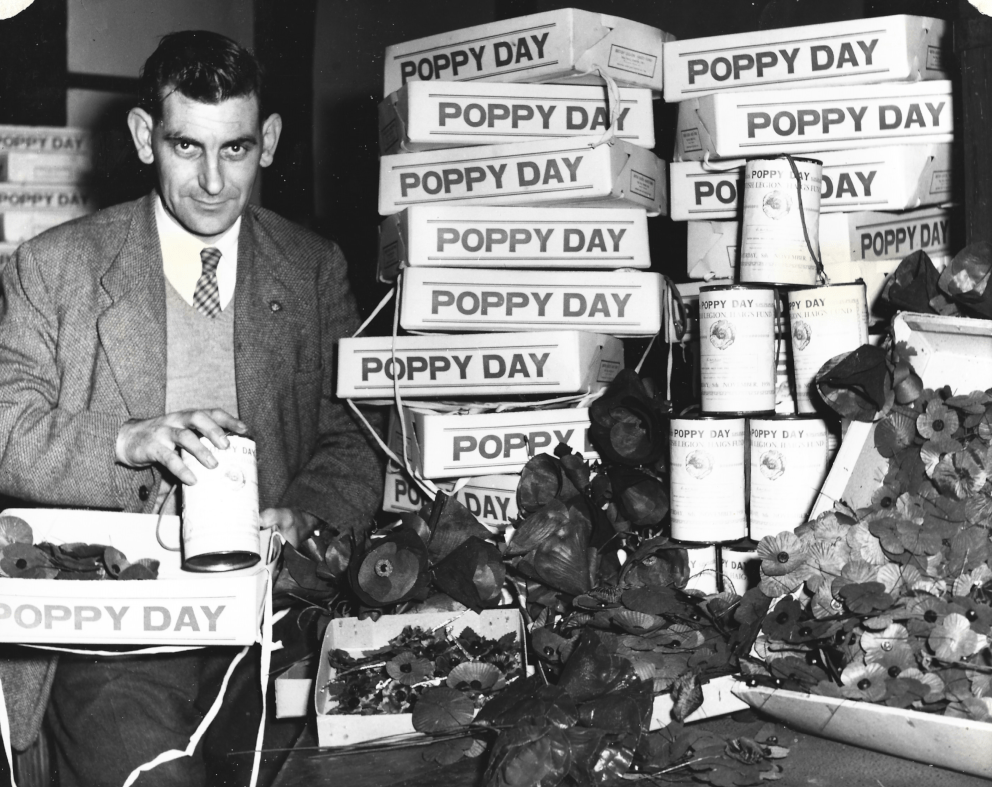 Boxes of poppies for Poppy Day