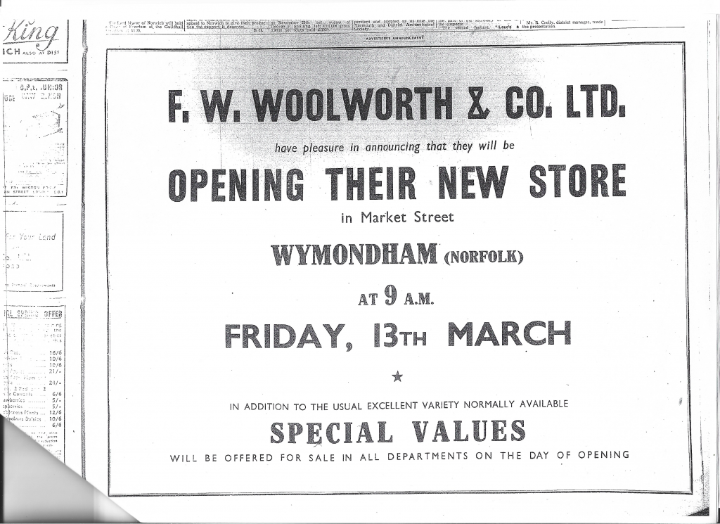 Advert from 1953 opening of Woolworth's
